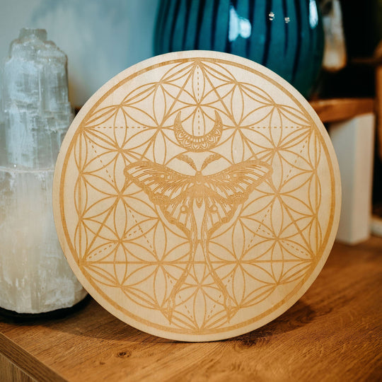 Luna Moth Engraved Wood Crystal Grid