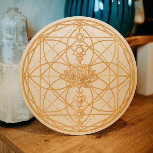 Lotus Chakra Engraved Wood Crystal Grid