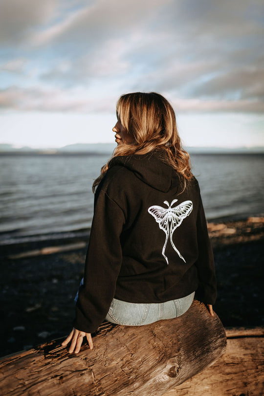 Luna Moth + Lotus Chakra Unisex Zip Hoodie in Black