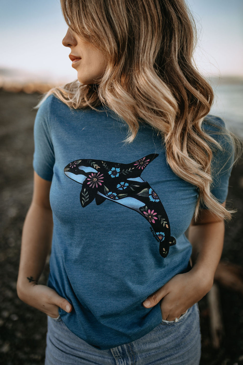 Floral Orca Relaxed Fit Tee in Deep Heather Teal