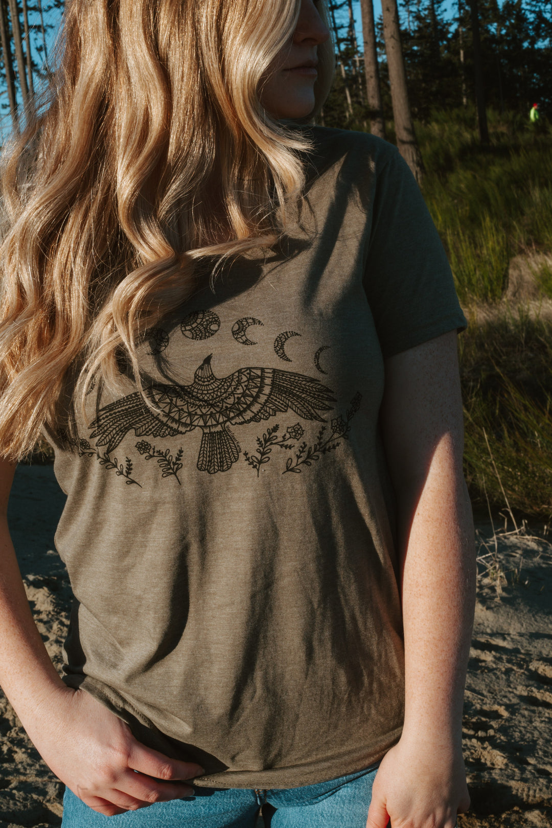 Raven Moon Phase Eco Scoop Tee in Military Green *Made in Canada*
