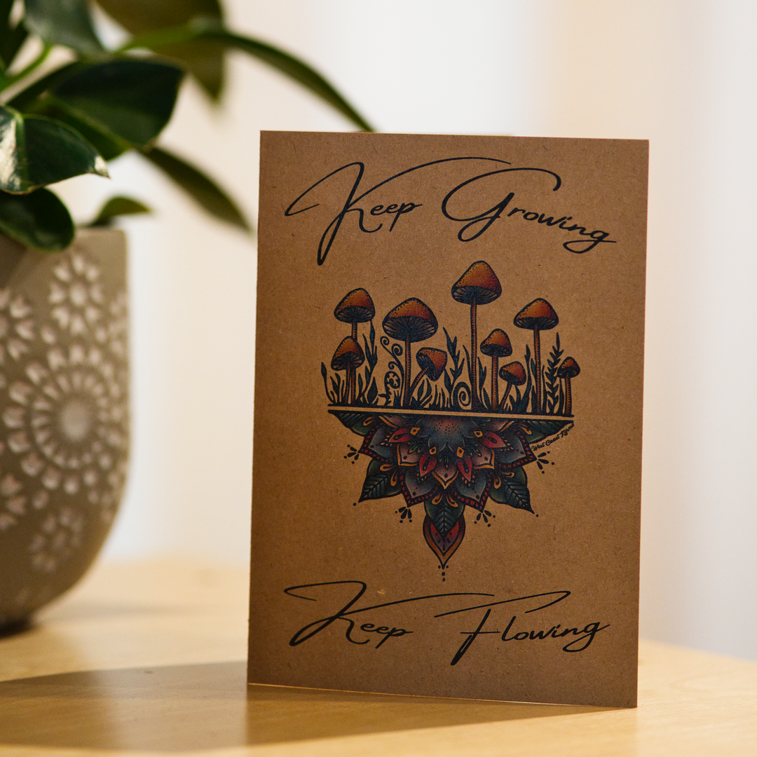 "Keep Growing, Keep Flowing" Mushroom Mandala Greeting Card