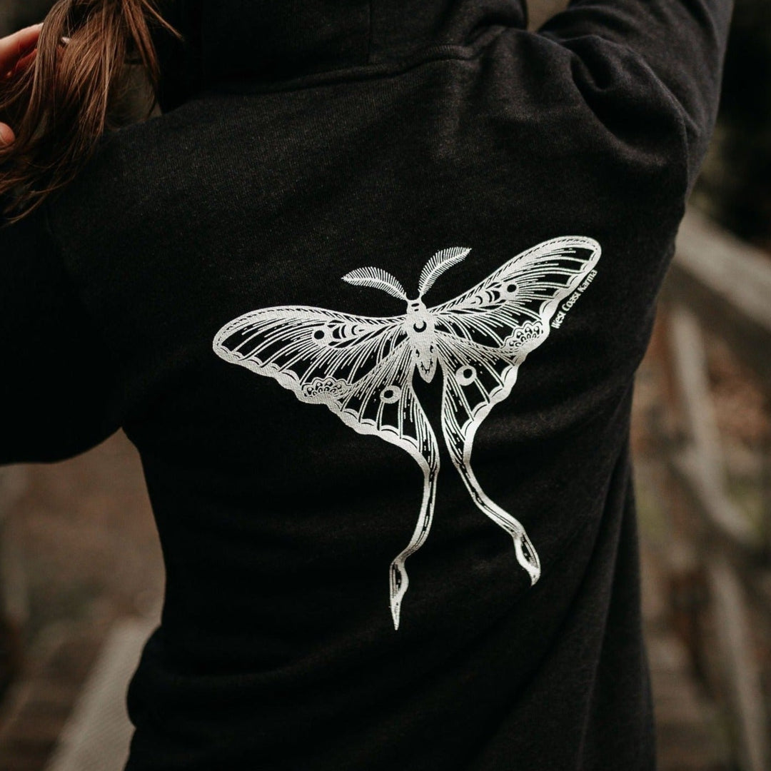 Luna Moth Zip Up Unisex Hoodie Black Heather