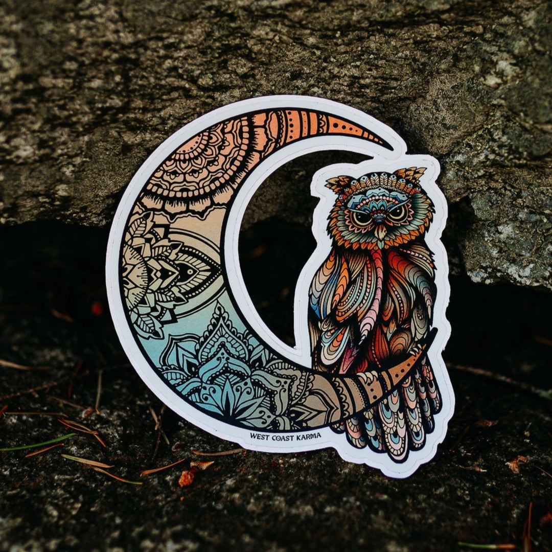 Colourful Owl & Moon Vinyl Sticker