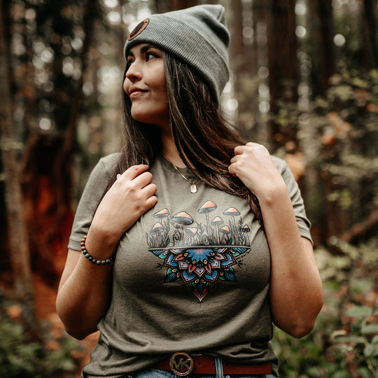 Colourful Mushroom Mandala Relaxed Fit Tee in Olive