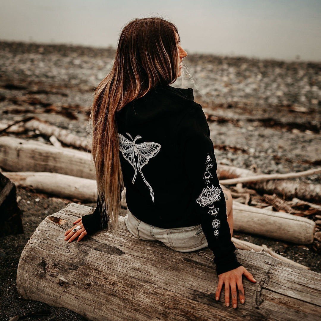 Luna Moth Zip Up Unisex Hoodie Black Heather