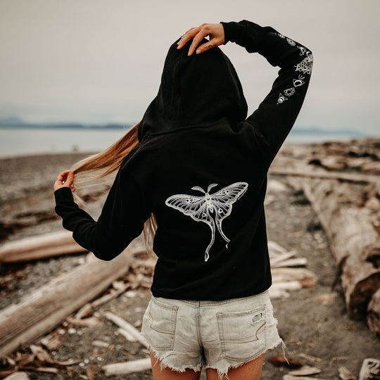 Luna Moth Zip Up Unisex Hoodie Black Heather